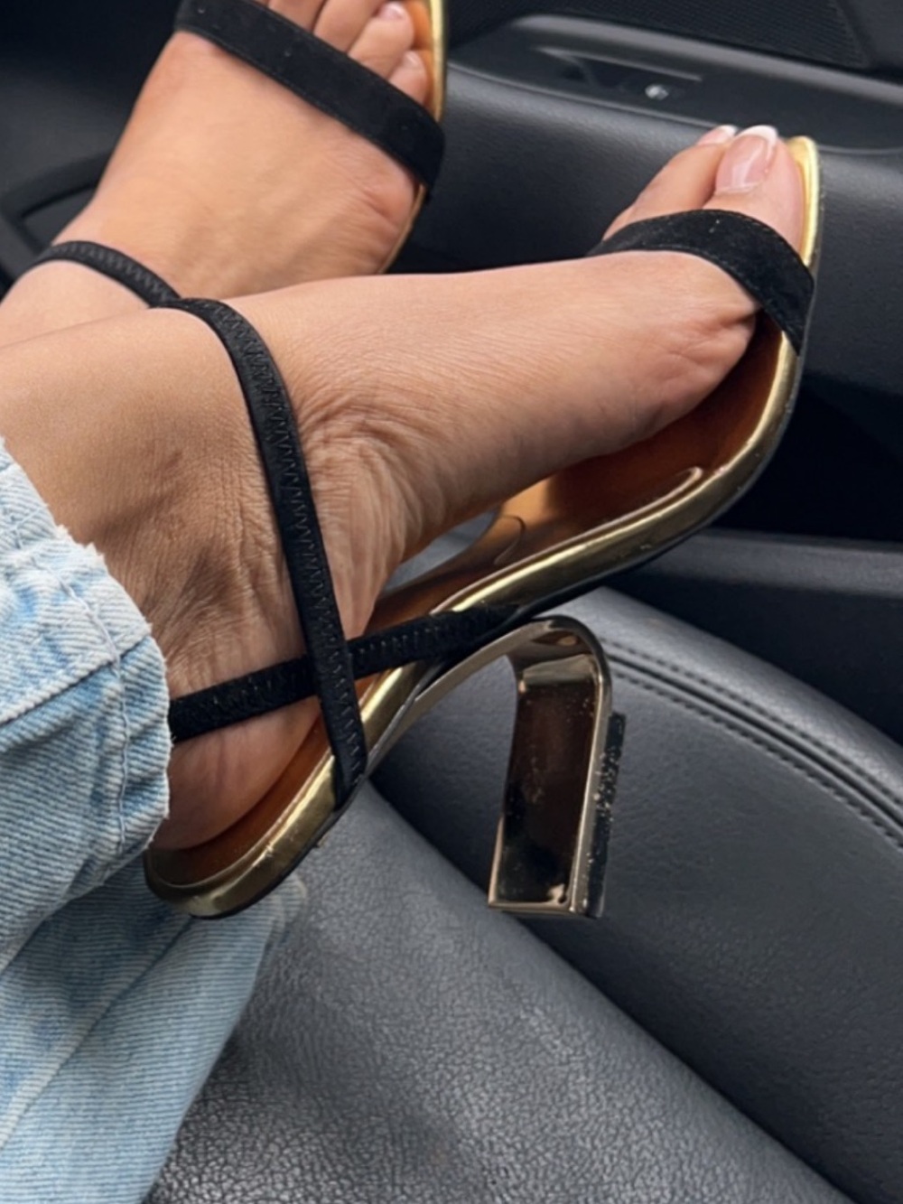 Black Suede Strappy Heeled Sandals with Gold Accents